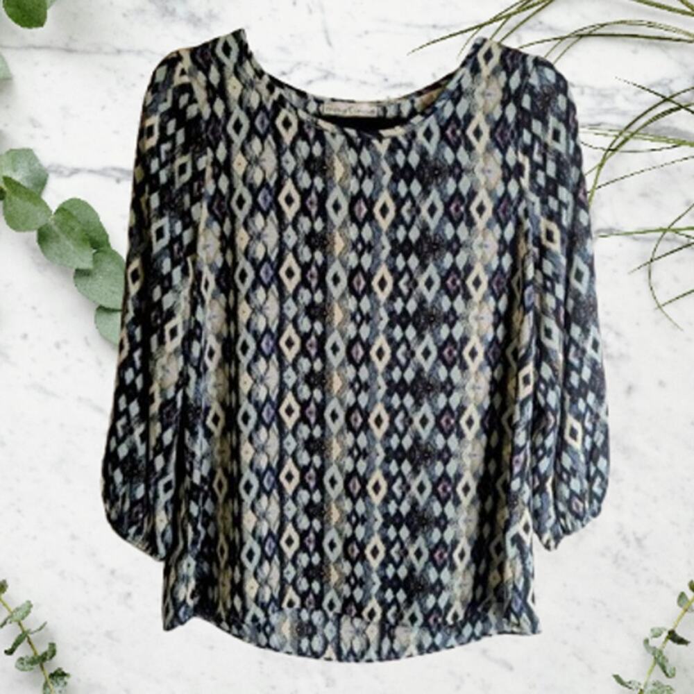 Moa Moa small long sleeve tribal print lightweight woman's casual blouse.